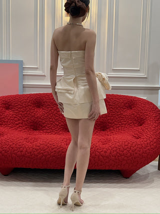 MAGDA BUTRYM - Strapless Mini Dress with Lace-trimmed Peplum in Cream