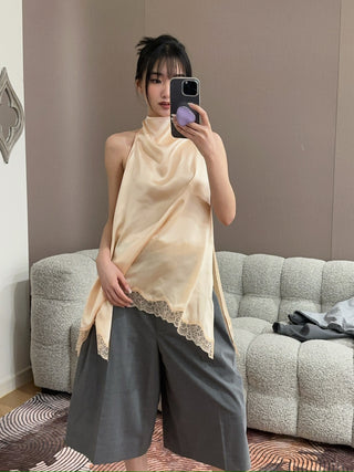 MAGDA BUTRYM - Silk Open-back Lace-trim louse in peach