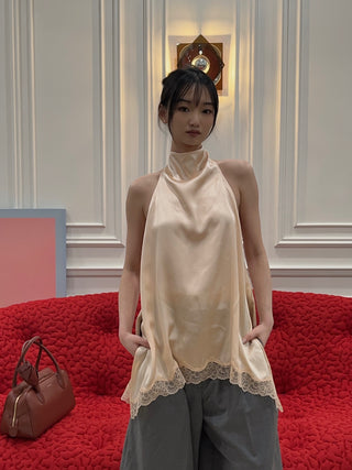 MAGDA BUTRYM - Silk Open-back Lace-trim louse in peach