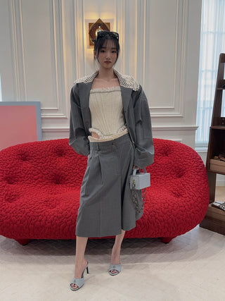 THE MANNEI - Crochet Collar Bomber Jacket in Grey