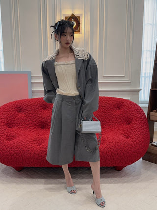 THE MANNEI - Crochet Collar Bomber Jacket in Grey