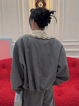 THE MANNEI - Crochet Collar Bomber Jacket in Grey