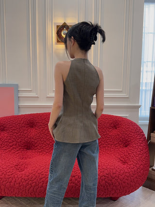 MAGDA BUTRYM - Asymmetric Sleeveless Wool Top in Beige