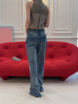 AARON ESH Puddle Jeans in Blue Wash High-Waisted Wide-Leg Flared