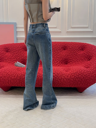 AARON ESH Puddle Jeans in Blue Wash High-Waisted Wide-Leg Flared