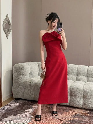 MAGDA BUTRYM - Wool Corset Dress with Sculptural Neckline in Red