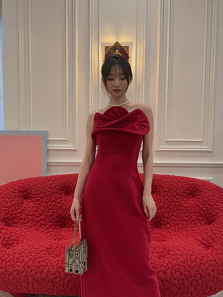 MAGDA BUTRYM - Wool Corset Dress with Sculptural Neckline in Red