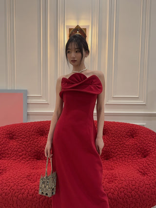 MAGDA BUTRYM - Wool Corset Dress with Sculptural Neckline in Red