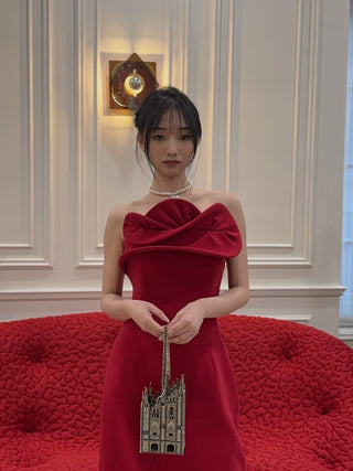 MAGDA BUTRYM - Wool Corset Dress with Sculptural Neckline in Red