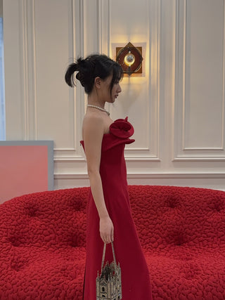 MAGDA BUTRYM - Wool Corset Dress with Sculptural Neckline in Red