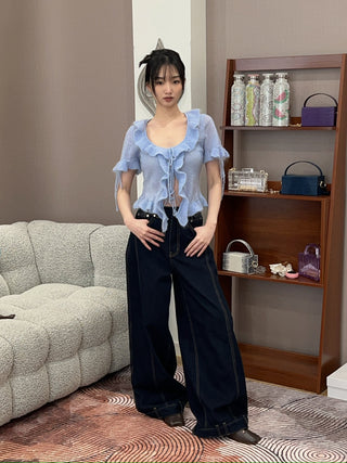 GUIZIO - Ruffle Knit Tie Top in Baby Blue