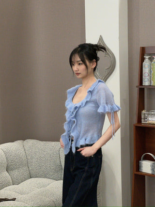 GUIZIO - Ruffle Knit Tie Top in Baby Blue