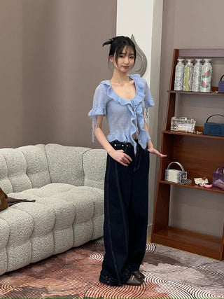 GUIZIO - Ruffle Knit Tie Top in Baby Blue