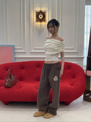 ROKH - Off Shoulder Multi Buttons Laced Top in Ivory