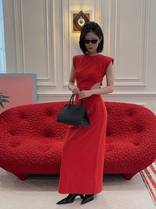 BEVZA - Long Dress with Side Cuts in Red