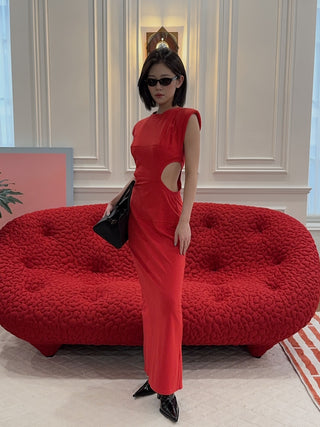 BEVZA - Long Dress with Side Cuts in Red