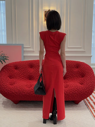 BEVZA - Long Dress with Side Cuts in Red