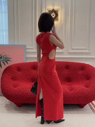 BEVZA - Long Dress with Side Cuts in Red