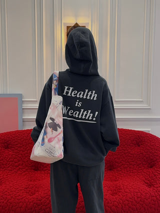 SPORTY & RICH - Health Is Wealth Soft Hoodie in Faded Black