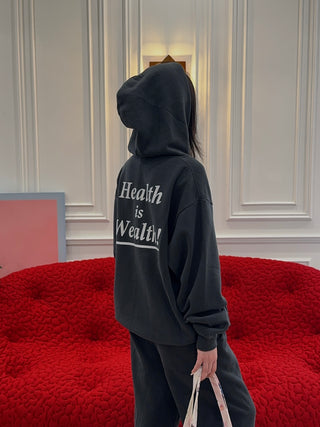 SPORTY & RICH - Health Is Wealth Soft Hoodie in Faded Black