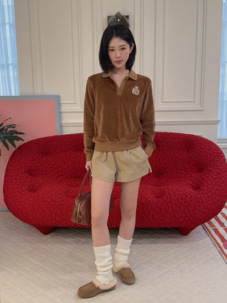 SPORTY & RICH - NY Crest Longsleeve Velour Polo in Tobacco