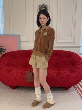 SPORTY & RICH - NY Crest Longsleeve Velour Polo in Tobacco