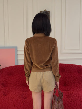 SPORTY & RICH - NY Crest Longsleeve Velour Polo in Tobacco