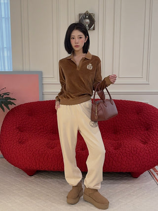 SPORTY & RICH - NY Crest Longsleeve Velour Polo in Tobacco
