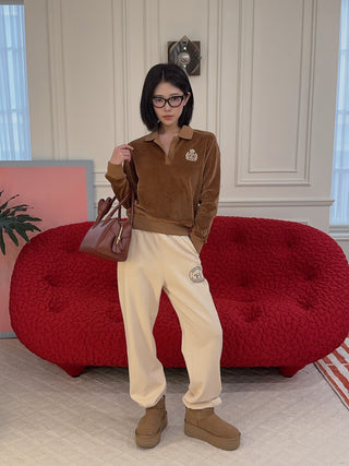 SPORTY & RICH - NY Crest Longsleeve Velour Polo in Tobacco