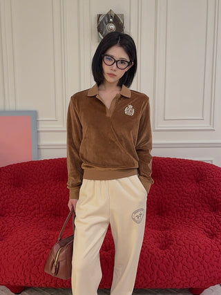 SPORTY & RICH - NY Crest Longsleeve Velour Polo in Tobacco